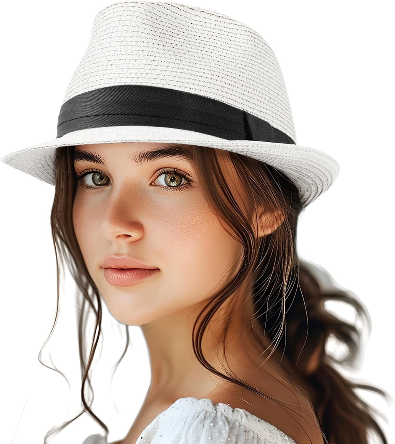 Straw Fedora Hat for Women Men Packable Short Brim Roll up Trilby Hat Panama Summer Beach Sun Hat UPF 50+ - WORLD TIME VISITS