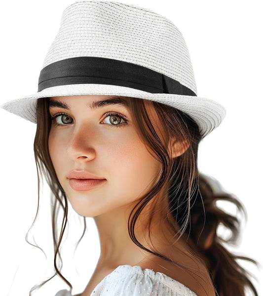 Straw Fedora Hat for Women Men Packable Short Brim Roll up Trilby Hat Panama Summer Beach Sun Hat UPF 50+ - WORLD TIME VISITS