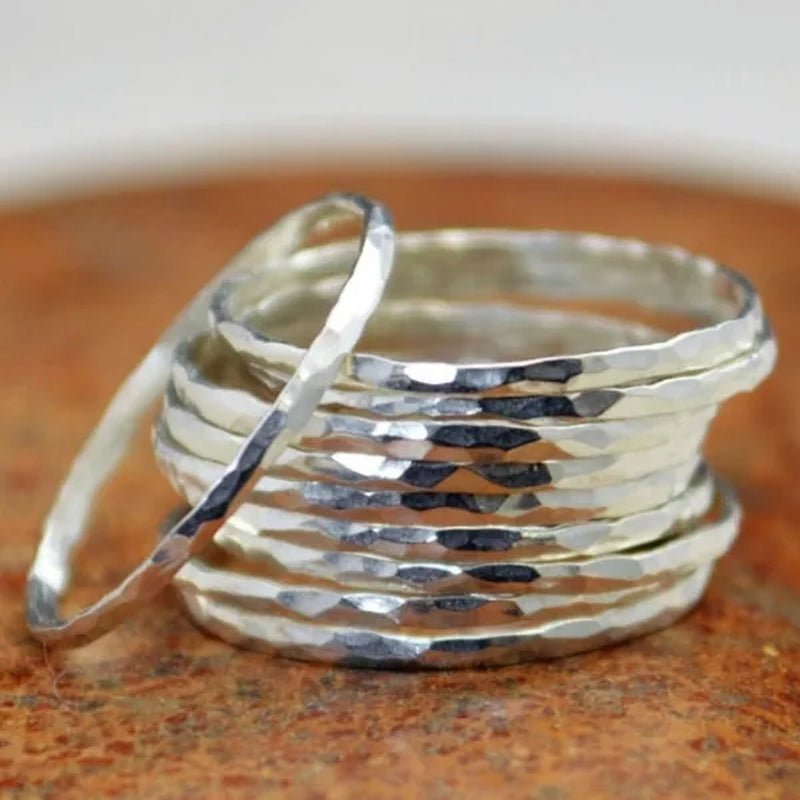 Stylish ultra - thin 925 Sterling Silver Stackable Rings 14K Hammer Rring Size 6 - 10 - WORLD TIME VISITS