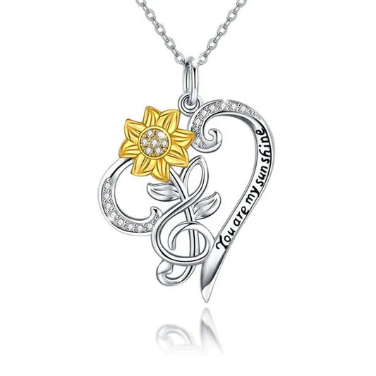 Sunflower Necklace 925 Sterling Silver - You are My Sunshine Sunflower CZ Heart Pendant Necklace Infinity Musical Note Flower Jewelry Gift for Women Lover Friends - WORLD TIME VISITS