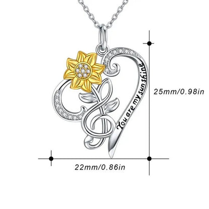 Sunflower Necklace 925 Sterling Silver - You are My Sunshine Sunflower CZ Heart Pendant Necklace Infinity Musical Note Flower Jewelry Gift for Women Lover Friends
