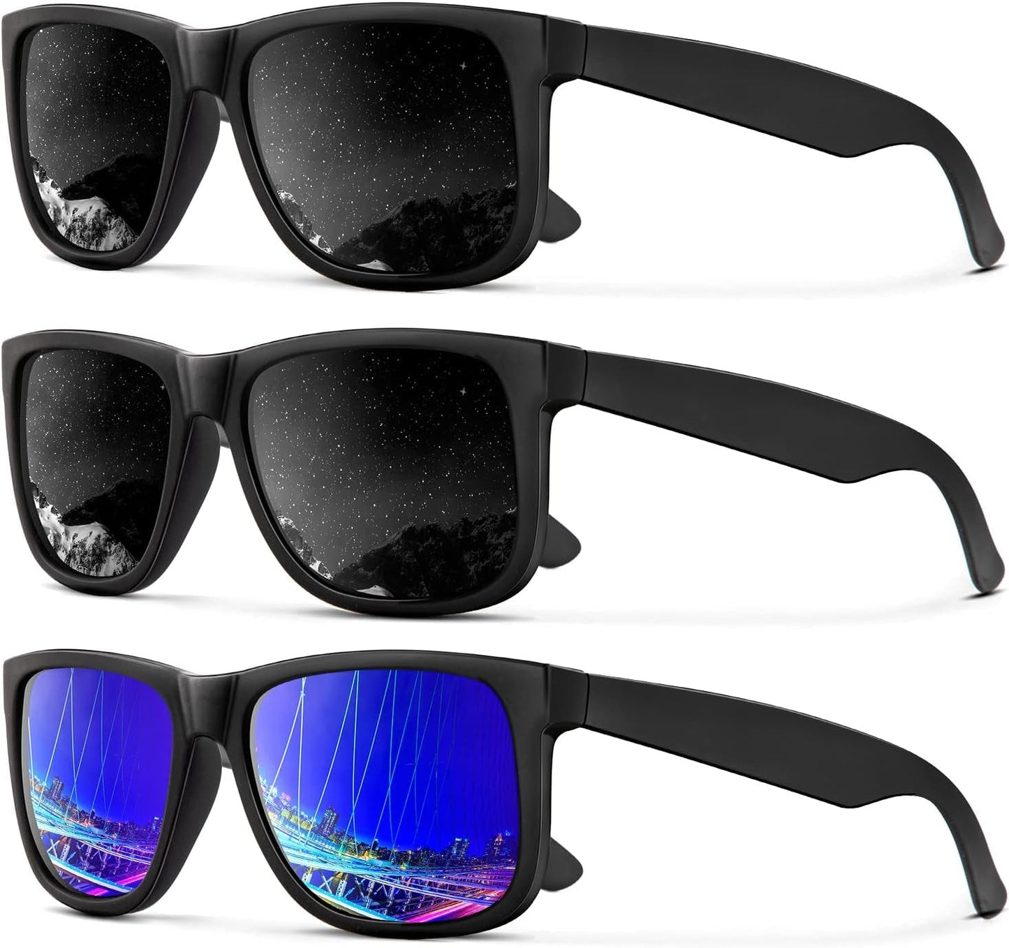 Sunglasses Men Polarized Sun Glasses for Mens Womens Classic Matte Black Frame UV Protection 3Pack - WORLD TIME VISITS