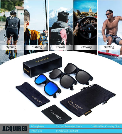 Sunglasses Men Polarized Sun Glasses for Mens Womens Classic Matte Black Frame UV Protection 3Pack