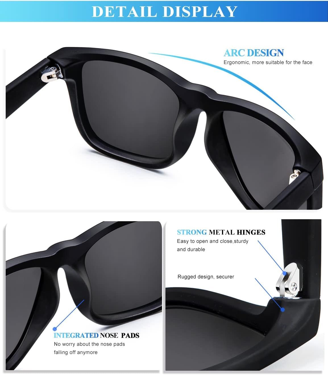 Sunglasses Men Polarized Sun Glasses for Mens Womens Classic Matte Black Frame UV Protection 3Pack