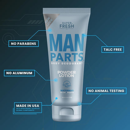 Sweatblock Man Parts Ball Deodorant for Men - Powder Lotion, Fresh Control Odor, anti Chafing, Stop Itch, Absorb Sweat, Aluminum Free, 4 Oz Tube (2PK)