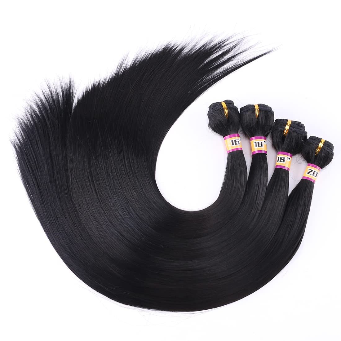 Synthetic Silky Straight Hair Weave 4 Bundles 16 18 18 20 Inches Natural Black Color 1B Double Weft Fiber Hair Extensions - WORLD TIME VISITS