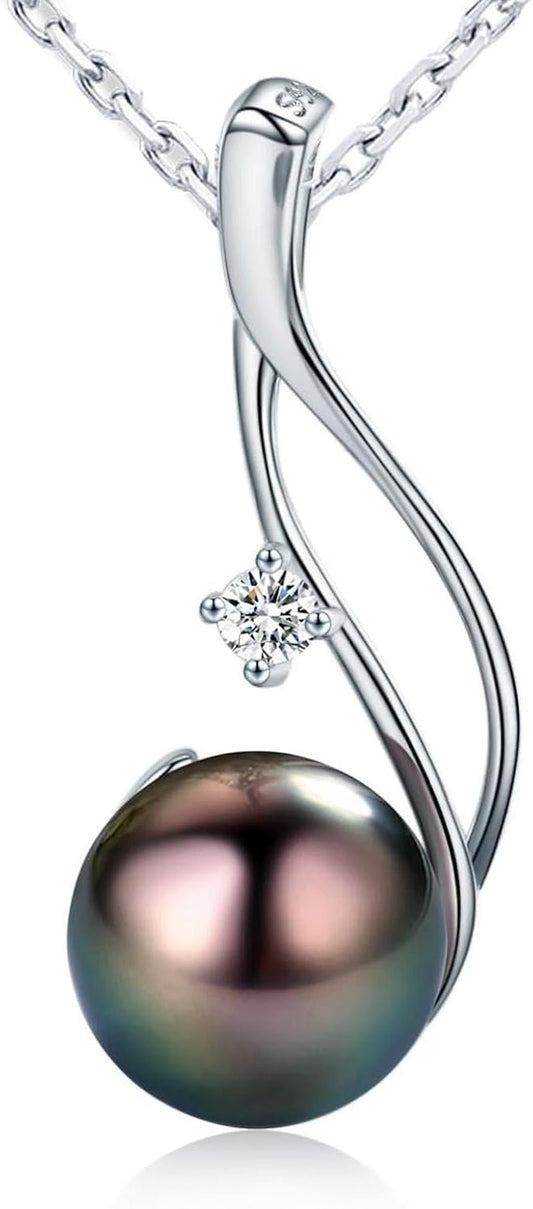 Tahitian Black Pearl Pendant Necklace 18K Gold over Sterling Silver 19 Inch Adjustible Chain - Real Black Pearls Jewelry Gifts for Women Wife Mom Daughter - WORLD TIME VISITS