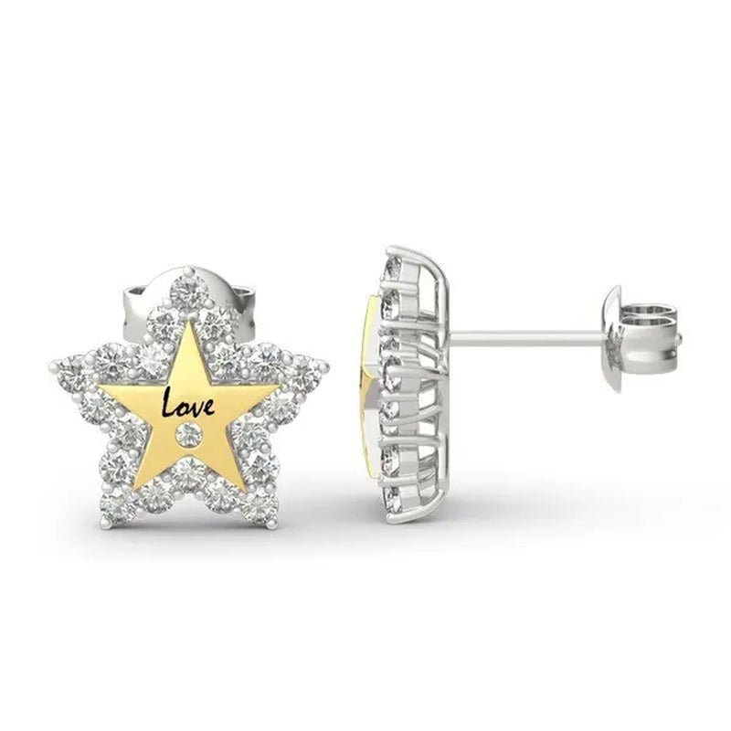 Temperament Ladies Fashion Shining Star 18K Yellow Love White Sapphire Diamond Earrings Ring