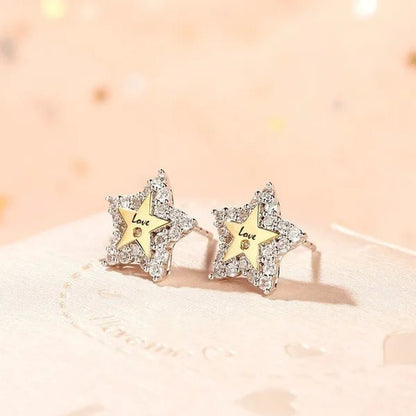Temperament Ladies Fashion Shining Star 18K Yellow Love White Sapphire Diamond Earrings Ring - WORLD TIME VISITS