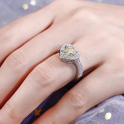 Temperament Ladies Fashion Shining Star 18K Yellow Love White Sapphire Diamond Earrings Ring
