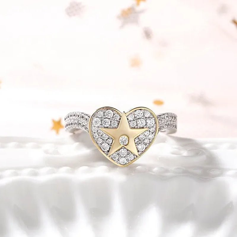 Temperament Ladies Fashion Shining Star 18K Yellow Love White Sapphire Diamond Earrings Ring