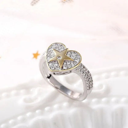 Temperament Ladies Fashion Shining Star 18K Yellow Love White Sapphire Diamond Earrings Ring
