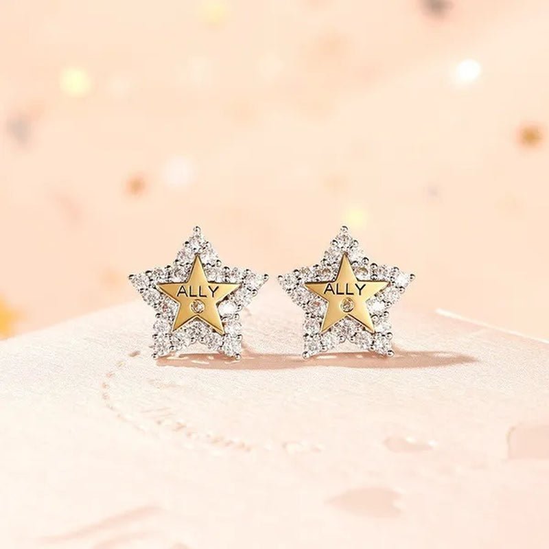 Temperament Ladies Fashion Shining Star 18K Yellow Love White Sapphire Diamond Earrings Ring