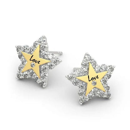 Temperament Ladies Fashion Shining Star 18K Yellow Love White Sapphire Diamond Earrings Ring