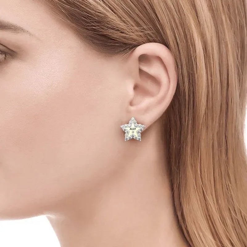 Temperament Ladies Fashion Shining Star 18K Yellow Love White Sapphire Diamond Earrings Ring - WORLD TIME VISITS