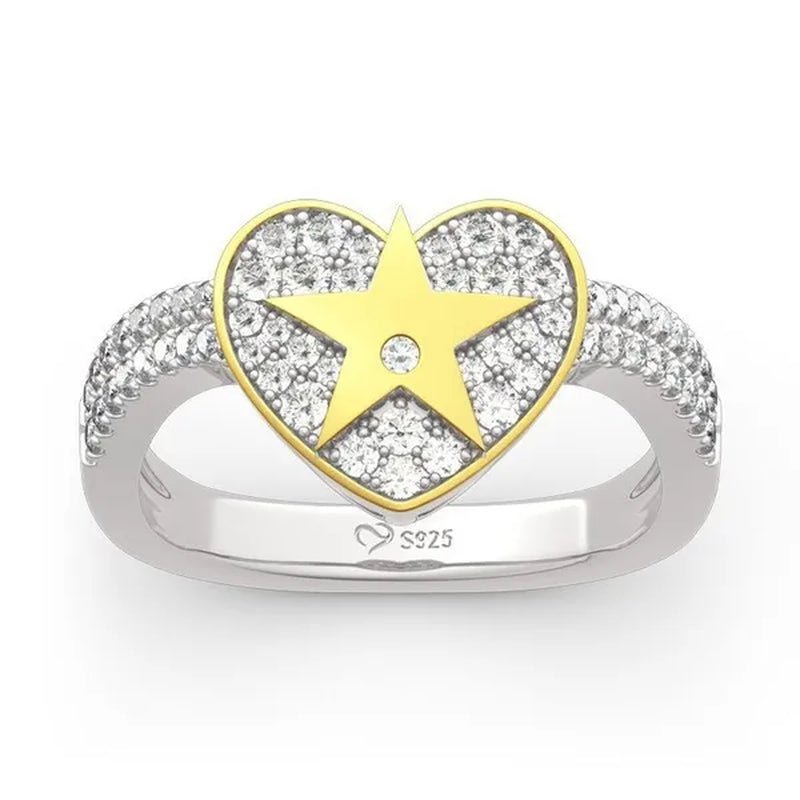 Temperament Ladies Fashion Shining Star 18K Yellow Love White Sapphire Diamond Earrings Ring