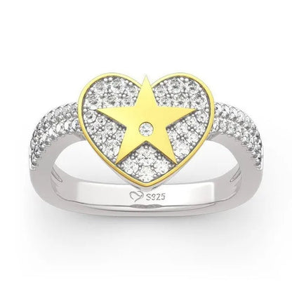 Temperament Ladies Fashion Shining Star 18K Yellow Love White Sapphire Diamond Earrings Ring