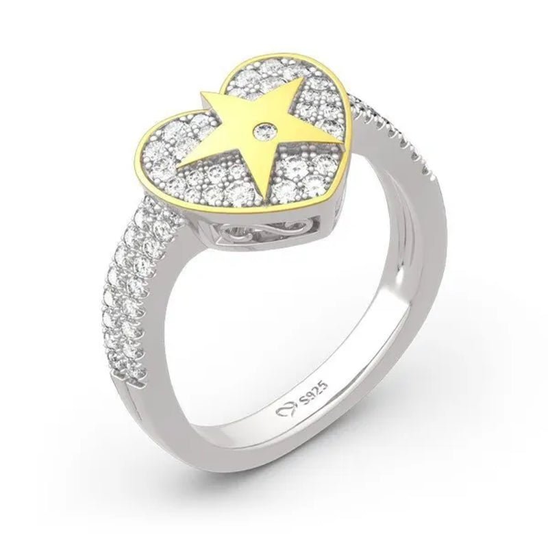 Temperament Ladies Fashion Shining Star 18K Yellow Love White Sapphire Diamond Earrings Ring