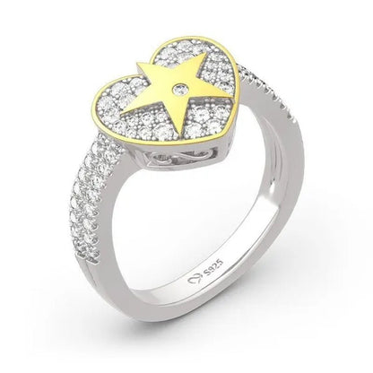 Temperament Ladies Fashion Shining Star 18K Yellow Love White Sapphire Diamond Earrings Ring