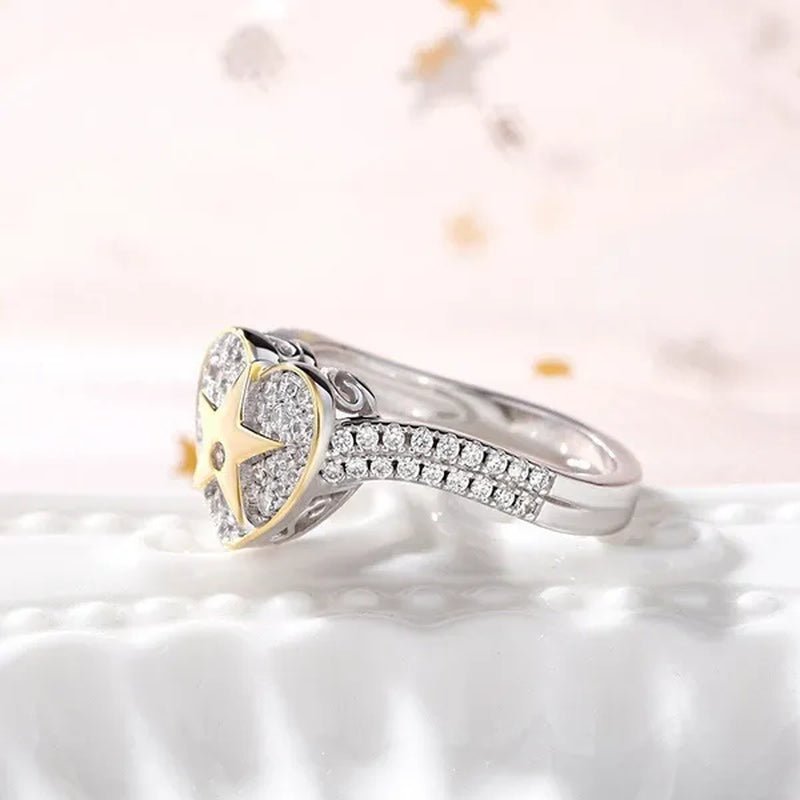 Temperament Ladies Fashion Shining Star 18K Yellow Love White Sapphire Diamond Earrings Ring