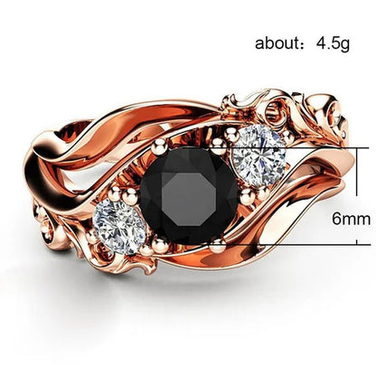Temperament Obsidian rose gold -plated ring fashion flower line black diamond claw set twisted belt design rose gold female engagement wedding ring birthday anniversary gift (size: 5-11)
