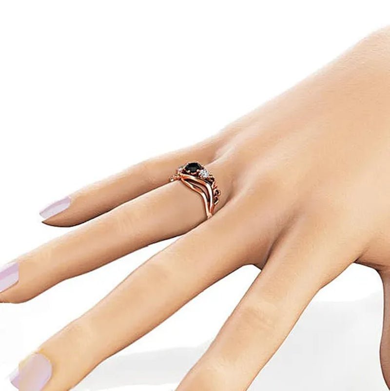 Temperament Obsidian rose gold -plated ring fashion flower line black diamond claw set twisted belt design rose gold female engagement wedding ring birthday anniversary gift (size: 5-11)