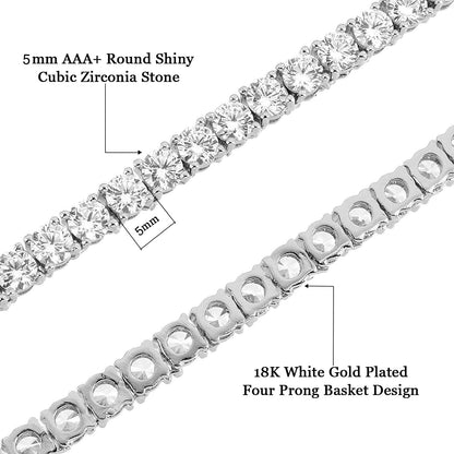 Tennis Necklace 18K White Gold Plated | 5.0-6.0Mm round Cubic Zirconia Cut Faux Diamond Tennis Chain for Women and Men 14-24 Inches
