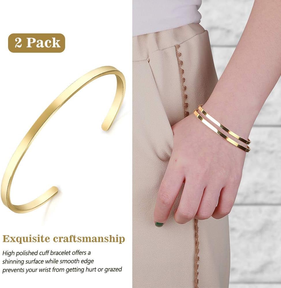 Thin Open Cuff Bracelet, Christmas Gift for Girlfriend Wife Mom, 18K Gold Plated Couples Oval Love Bracelets, Plain Polished Finish Open Cuff Bangle Jewelry Gift for Men Women