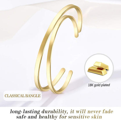 Thin Open Cuff Bracelet, Christmas Gift for Girlfriend Wife Mom, 18K Gold Plated Couples Oval Love Bracelets, Plain Polished Finish Open Cuff Bangle Jewelry Gift for Men Women