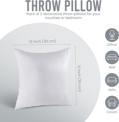 Throw Pillows Insert (Pack of 2, White) - 12 X 12 Inches Bed and Couch Pillows - Indoor Decorative Pillow