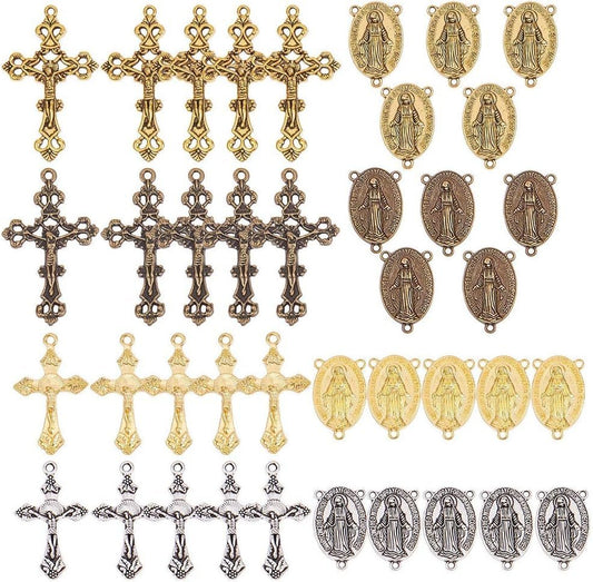 Tibetan Style Rosary Cross Charms and Center Miraculous Medal Easter Vintage Cross Crucifix Pendants Oval Chandelier Links Bronze Connector Charm for Rosary Bead Necklace Making Supplies - WORLD TIME VISITS
