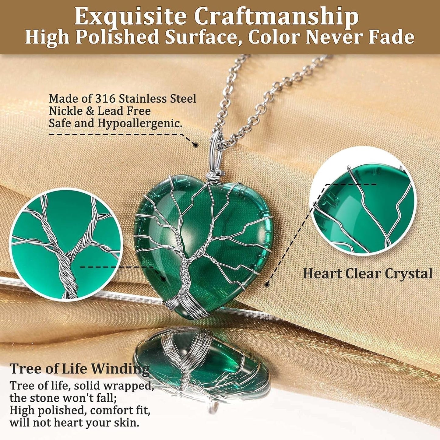 Tree of Life Wrapped Healing Crystal Necklaces 12 Month Birthstone Pendant for Women, Crescent/Heart Gemstone Jewelry, Vintage Birthday Gifts/Energy Gift