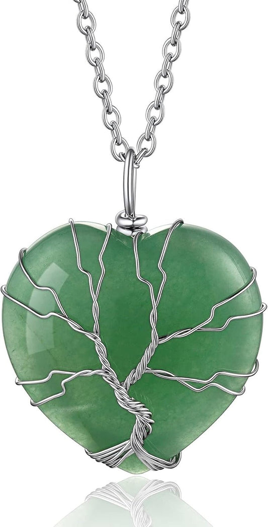 Tree of Life Wrapped Healing Crystal Necklaces 12 Month Birthstone Pendant for Women, Crescent/Heart Gemstone Jewelry, Vintage Birthday Gifts/Energy Gift - WORLD TIME VISITS