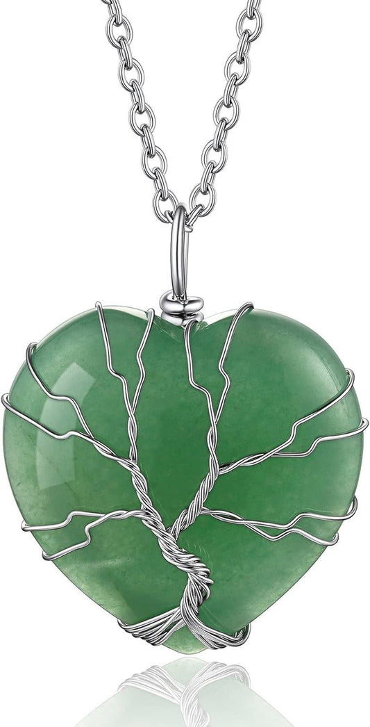 Tree of Life Wrapped Healing Crystal Necklaces 12 Month Birthstone Pendant for Women Grils, Crescent/Heart Gemstone Jewelry, Vintage Birthday Gifts/Energy Gift - WORLD TIME VISITS