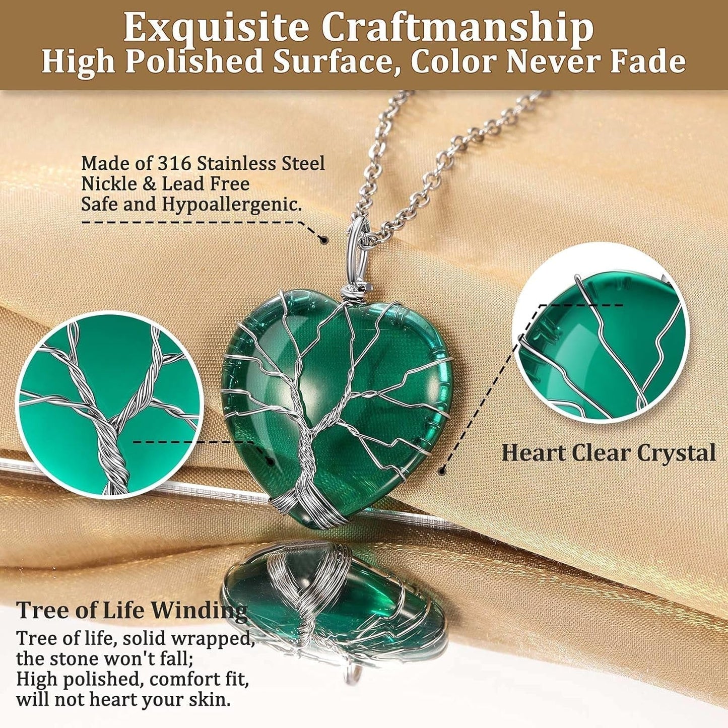 Tree of Life Wrapped Healing Crystal Necklaces 12 Month Birthstone Pendant for Women Grils, Crescent/Heart Gemstone Jewelry, Vintage Birthday Gifts/Energy Gift