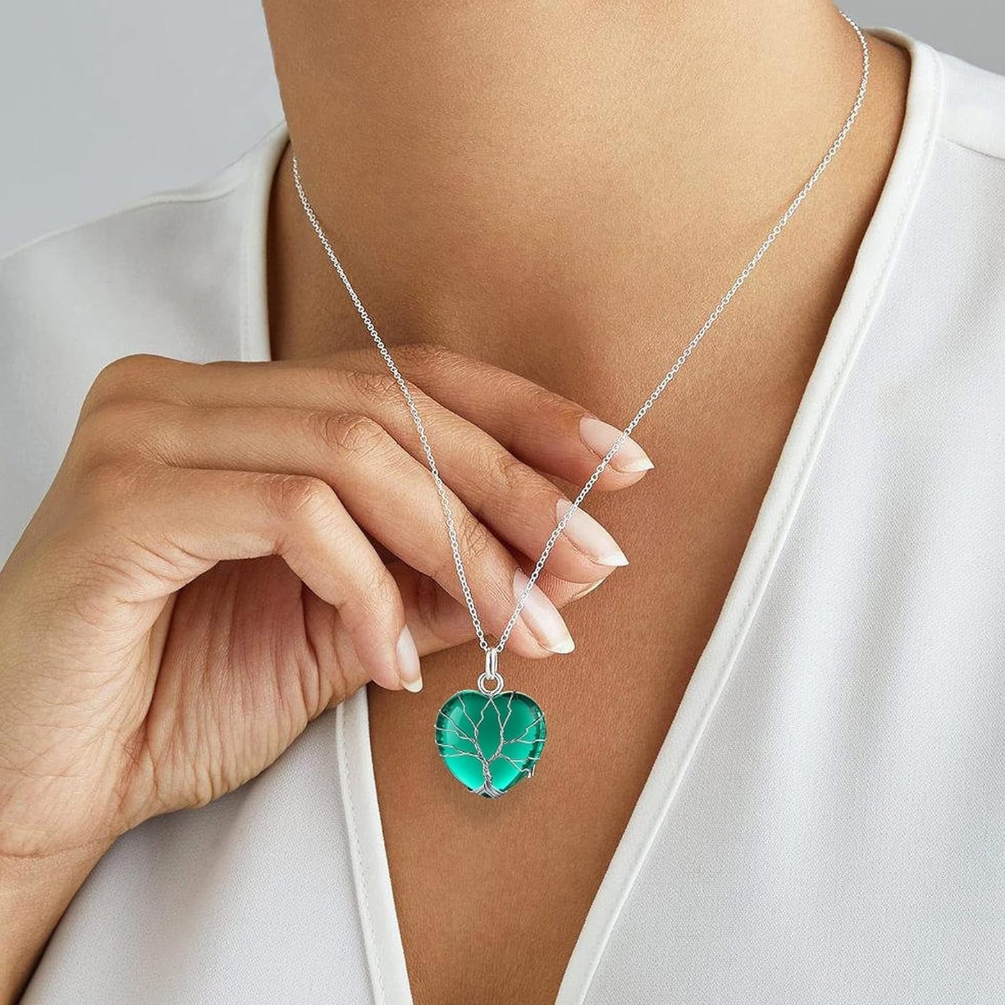 Tree of Life Wrapped Healing Crystal Necklaces 12 Month Birthstone Pendant for Women Grils, Crescent/Heart Gemstone Jewelry, Vintage Birthday Gifts/Energy Gift - WORLD TIME VISITS