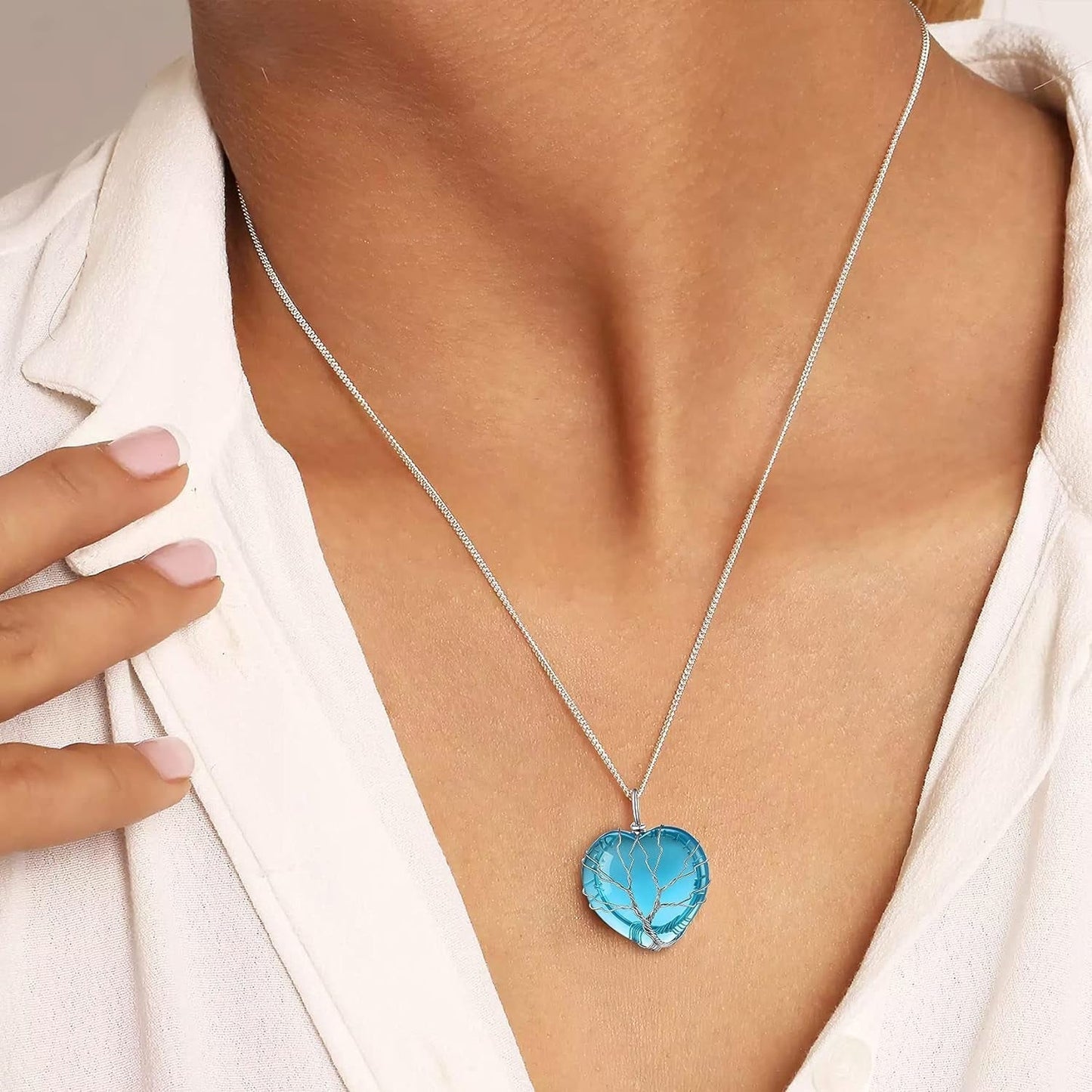 Tree of Life Wrapped Healing Crystal Necklaces 12 Month Birthstone Pendant for Women Grils, Crescent/Heart Gemstone Jewelry, Vintage Birthday Gifts/Energy Gift