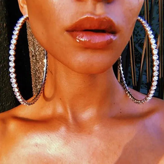Trendy Big Circle Gold Silver Hoop Earrings Women'S Fashion Rhinestone Diamond round Earrings Party Jewelry - WORLD TIME VISITS