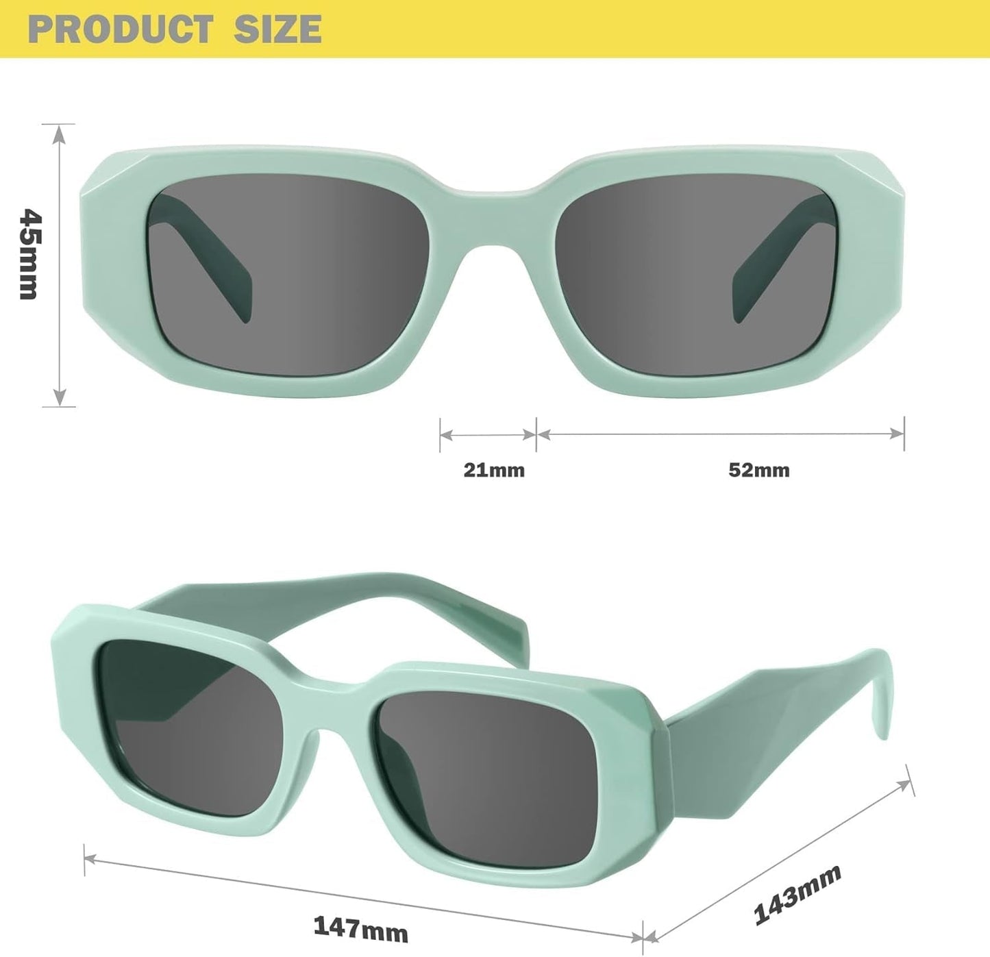 Trendy Rectangle Sunglasses for Women Men Light Green Avocado Vintage Retro Fashion Cool 90S Cute Funky Stylish Chunky Goulding