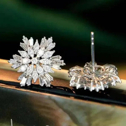 Trendy Silver Plated Micro Pave Crystal Lab Diamond Snowflake Flower Stud Earrings for Women Engagement Wedding Jewelry Gift - WORLD TIME VISITS