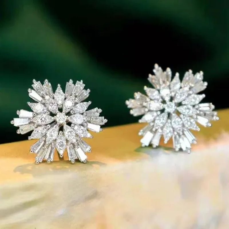 Trendy Silver Plated Micro Pave Crystal Lab Diamond Snowflake Flower Stud Earrings for Women Engagement Wedding Jewelry Gift - WORLD TIME VISITS