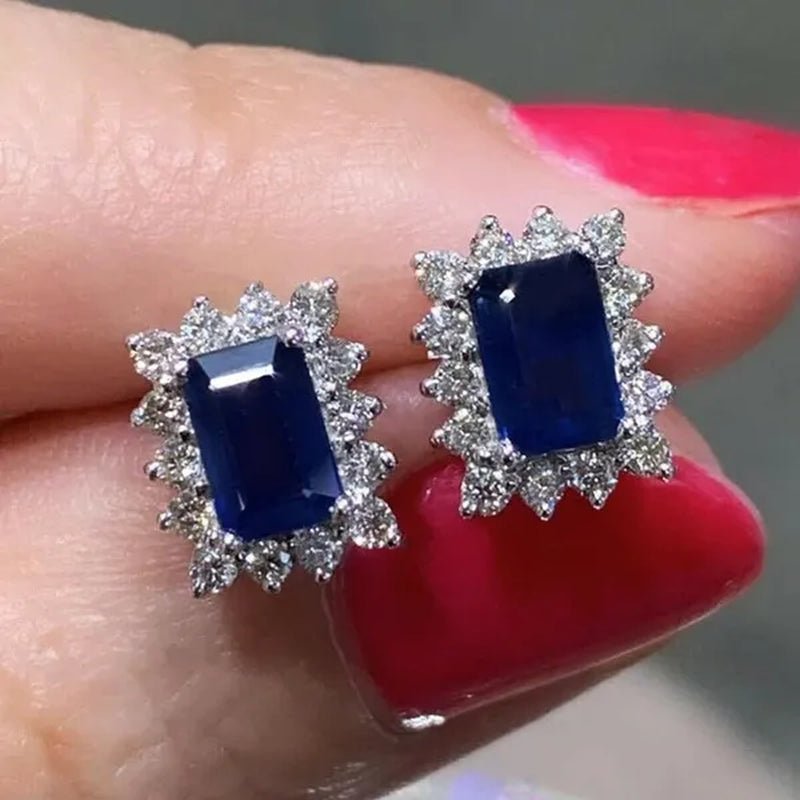 Trendy Square Cut Blue Sapphire Lab Diamond Stud Earrings for Women Bridal Wedding Party Earring Jewelry - WORLD TIME VISITS