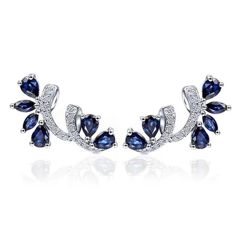 Trendy Women Climbing Earrings Cubic Zirconia Blue Sapphire Earrings Bridal Wedding Flower Earrings Valentine's Day Gift - WORLD TIME VISITS