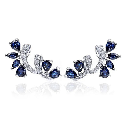 Trendy Women Climbing Earrings Cubic Zirconia Blue Sapphire Earrings Bridal Wedding Flower Earrings Valentine's Day Gift - WORLD TIME VISITS