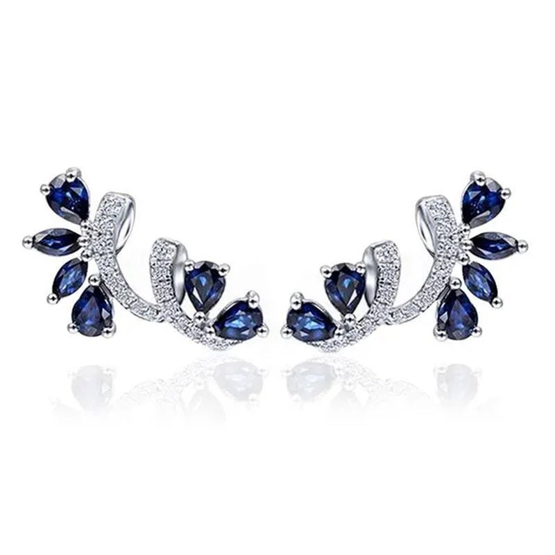 Trendy Women Climbing Earrings Cubic Zirconia Blue Sapphire Earrings Bridal Wedding Flower Earrings Valentine's Day Gift - WORLD TIME VISITS