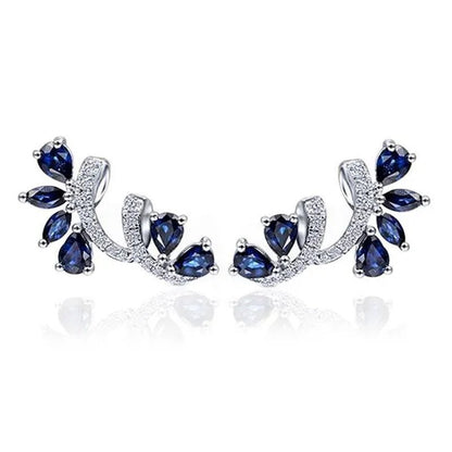 Trendy Women Climbing Earrings Cubic Zirconia Blue Sapphire Earrings Bridal Wedding Flower Earrings Valentine's Day Gift - WORLD TIME VISITS