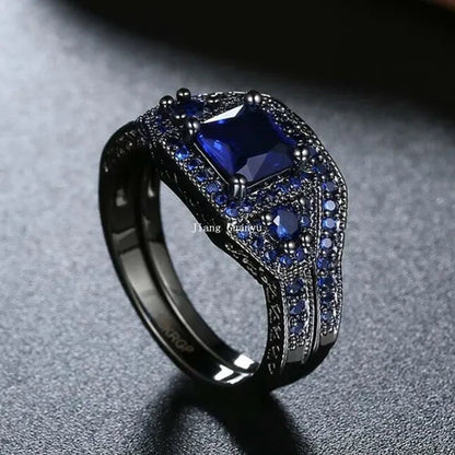 TWO Rings Black Couple Rings 316L Sainless Steel Men'S Rings Princess Cut 5Mm Sapphire Women'S Wedding Ring Sets