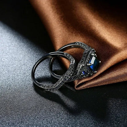 TWO Rings Black Couple Rings 316L Sainless Steel Men'S Rings Princess Cut 5Mm Sapphire Women'S Wedding Ring Sets