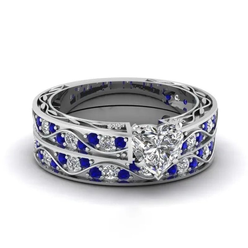 TWO RINGS Sz6-12 Couple Rings His Hers Blue Tungsten Mens Wedding Band White Gold Filled Heart CZ Sapphire Womens Ring Sets