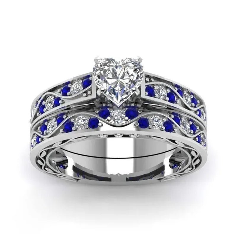 TWO RINGS Sz6 - 12 Couple Rings His Hers Blue Tungsten Mens Wedding Band White Gold Filled Heart CZ Sapphire Womens Ring Sets - WORLD TIME VISITS